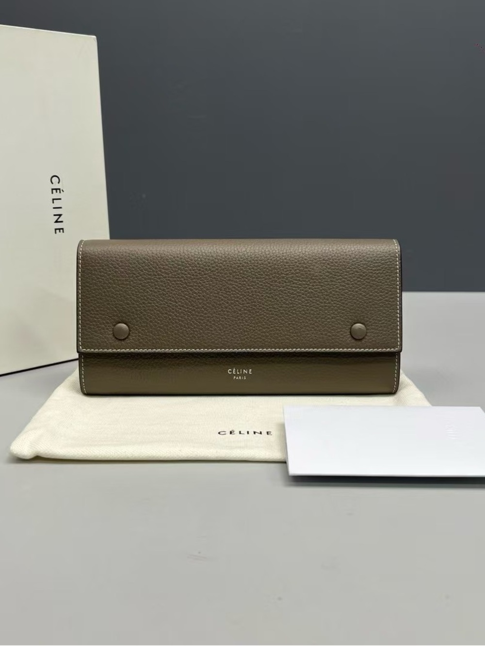 Celine Olive Green Pebbled Leather Long Wallet